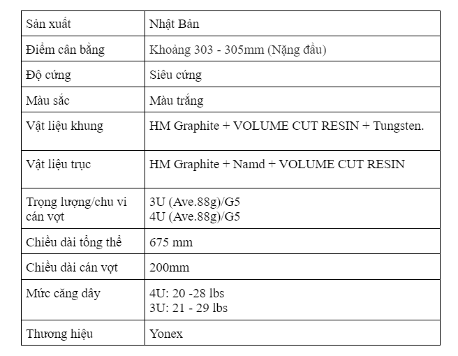 Thông số kỹ thuật vợt cầu lông Yonex Astro 99 pro trắng 