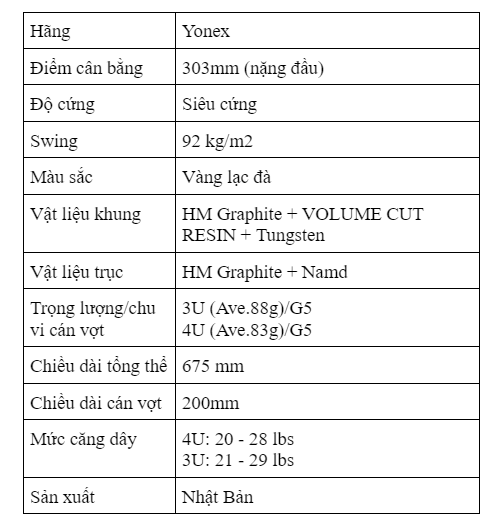 Thông số kỹ thuật vợt cầu lông Yonex Astrox 88 D Pro